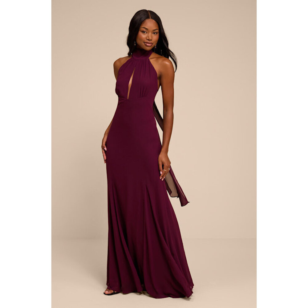Lulus Miselle Plum Mock Neck Maxi Dress Burgundy- Size XS